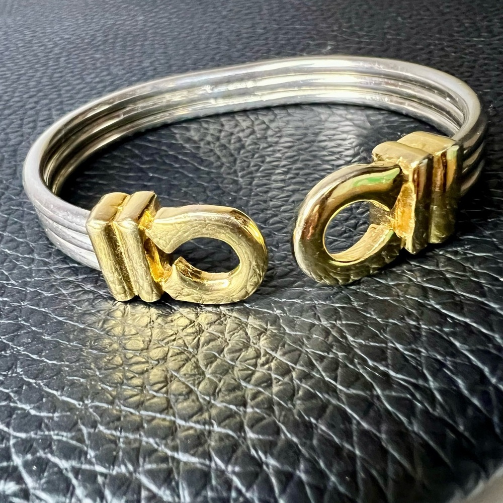 Vintage Stainless Steel & Gold Tone 3 Tier Cuff Bangle Bracelet 7"